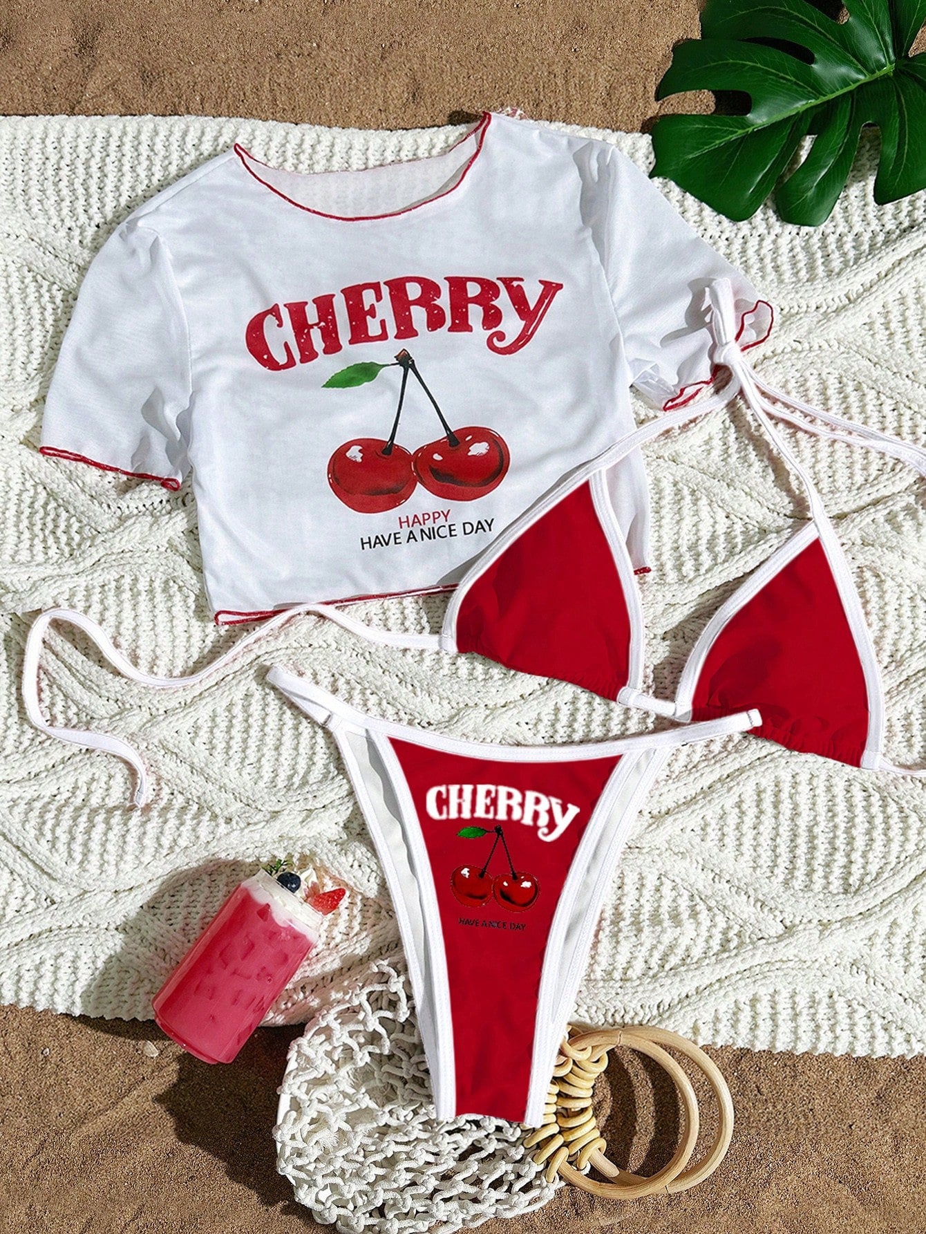 Women’s Three-Piece Bikini Set – Color Block Swimwear with Cover-Up