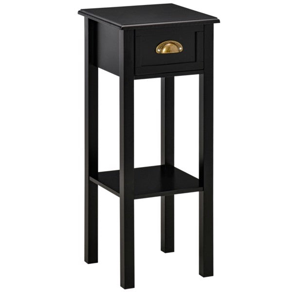 Black Slim Side Table – Compact Nightstand with Drawer & Open Shelf