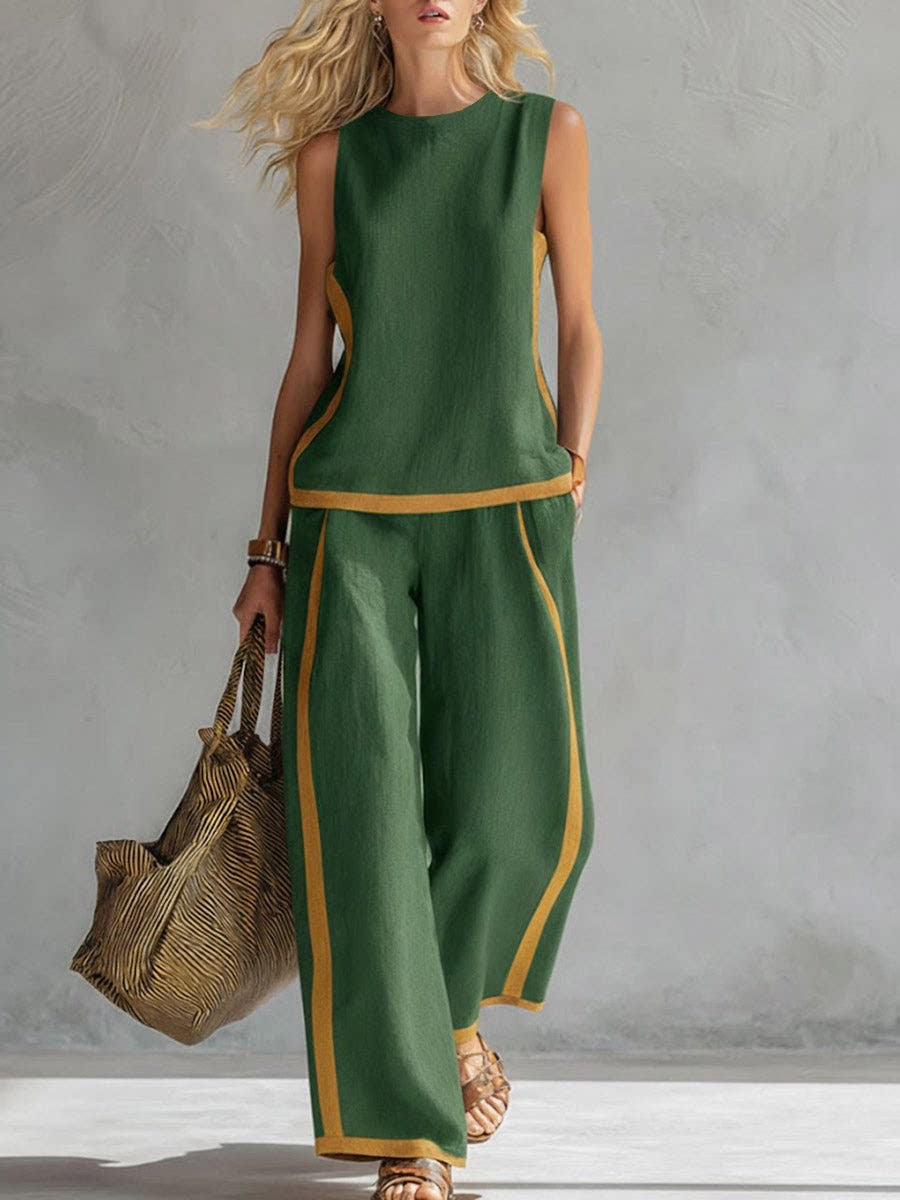 Women’s Sleeveless Two-Piece Set – Color Block Wide-Leg Outfit