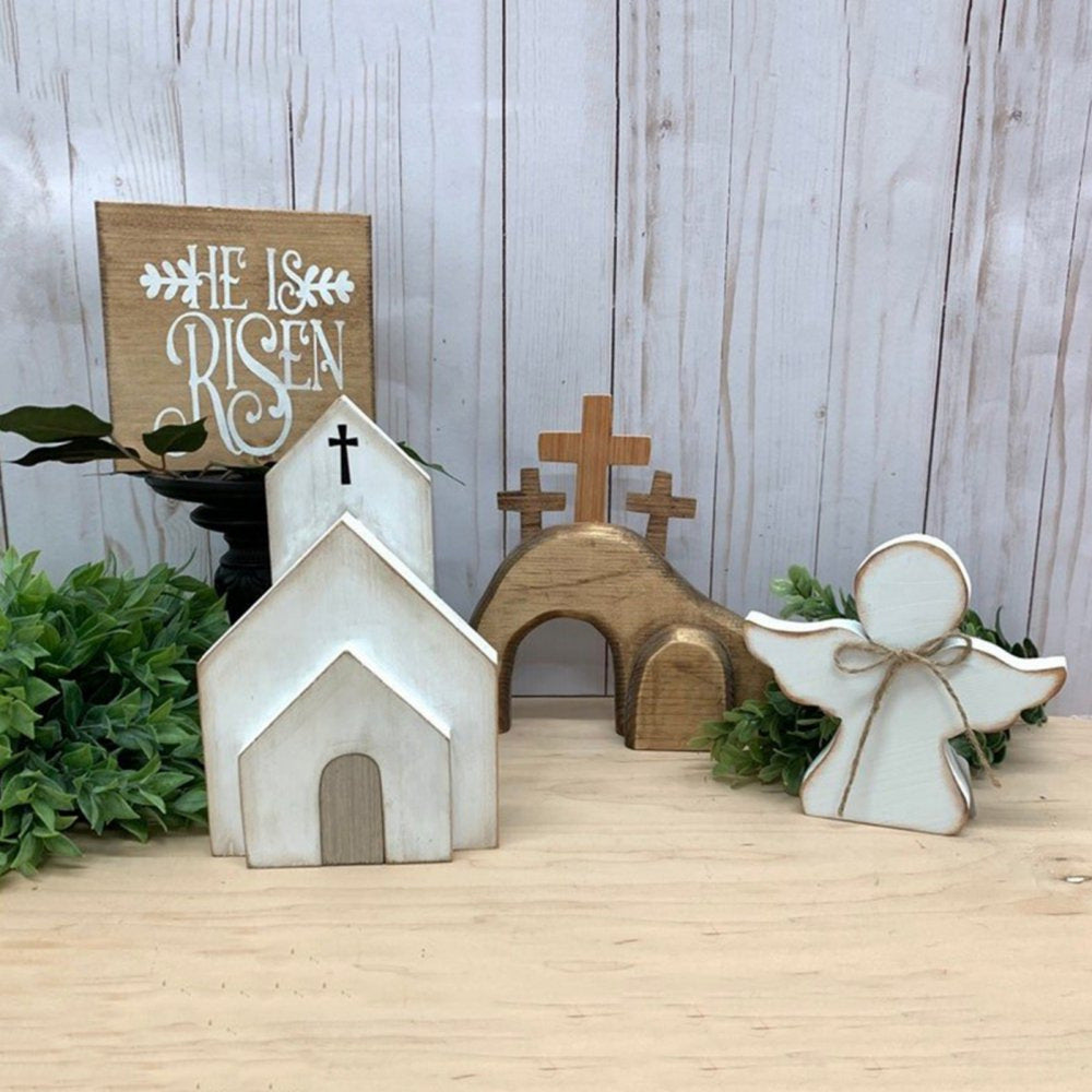 Easter Religious Wooden Decor Set – Pine Wood Cross, Church & Angel Tray Display