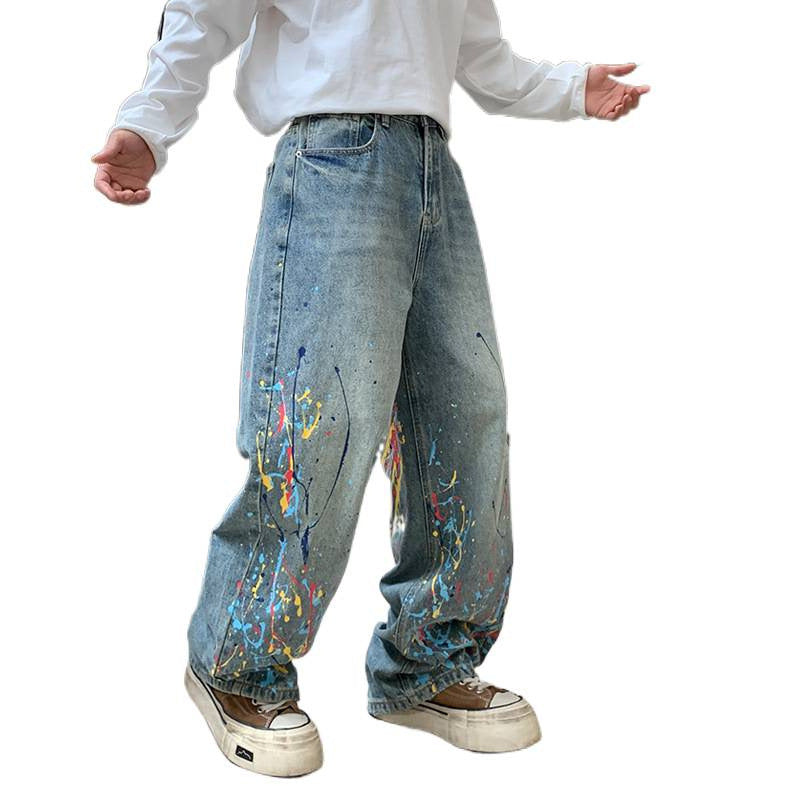 Vintage Distressed Wide-Leg Stretch Denim Jeans – Retro Straight-Cut Streetwear Pants