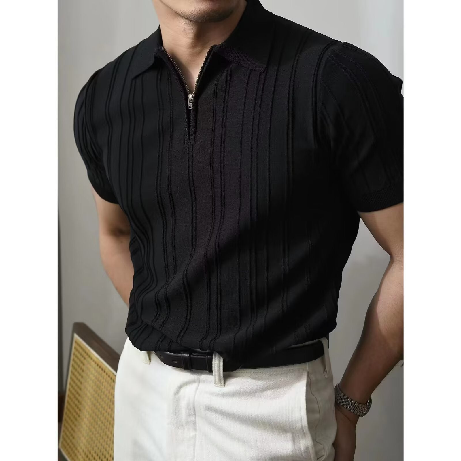 Men's Striped Zipper Polo Shirt – Lightweight Summer Short Sleeve Shirt