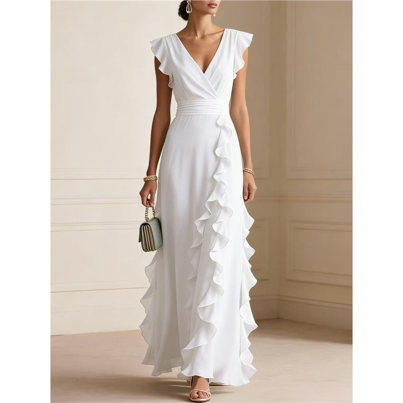 Women’s Sleeveless Maxi Dress – V-Neck High Waist Pleated Dress
