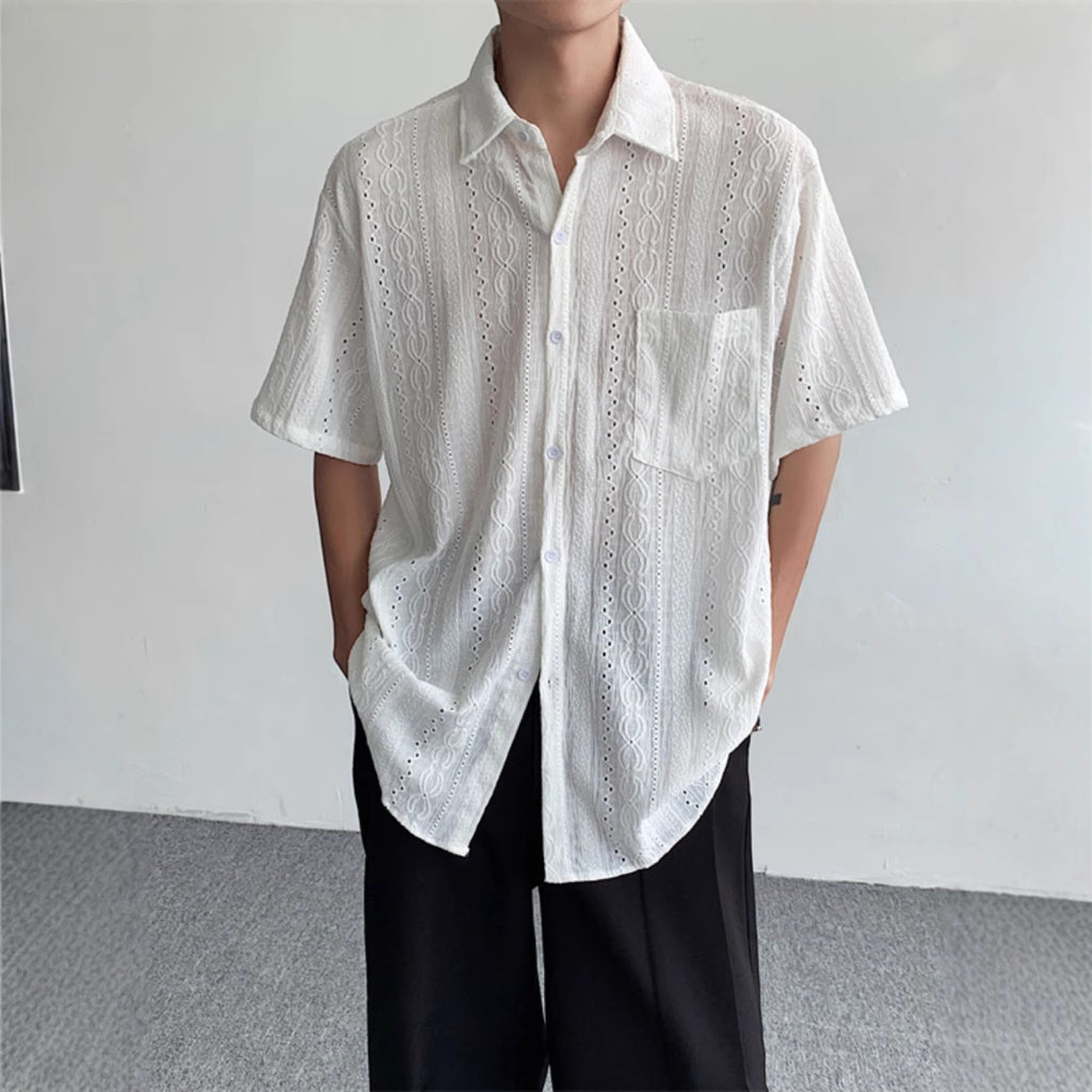 Men's Retro Jacquard Summer Shirt – Lightweight Short Sleeve Cardigan Style Shirt