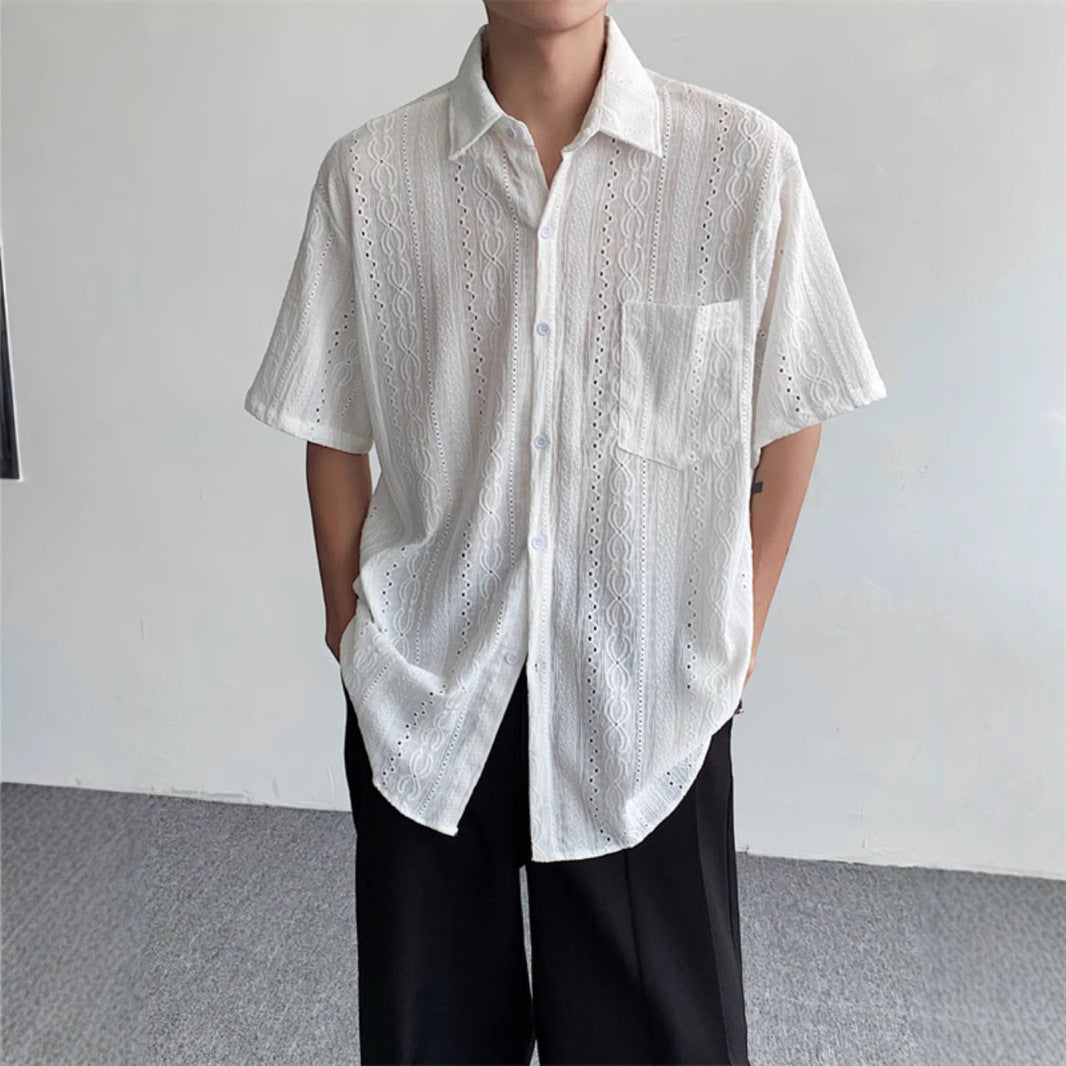 Men's Retro Jacquard Summer Shirt – Lightweight Short Sleeve Cardigan Style Shirt