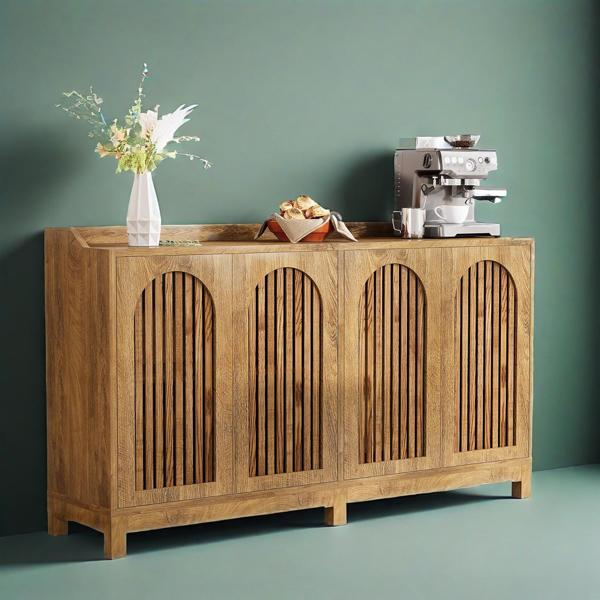 Vintage Oak Shutter Door Buffet Cabinet – Four-Door Sideboard with Adjustable Shelves