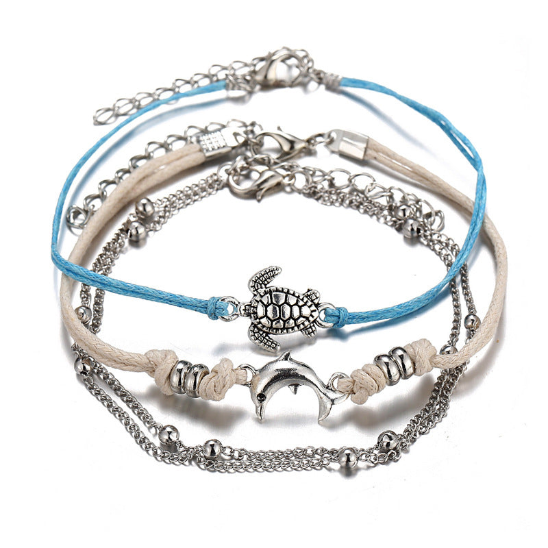 Bohemian Multi-Layer Turtle & Dolphin Anklet Set – Retro Beach Jewelry