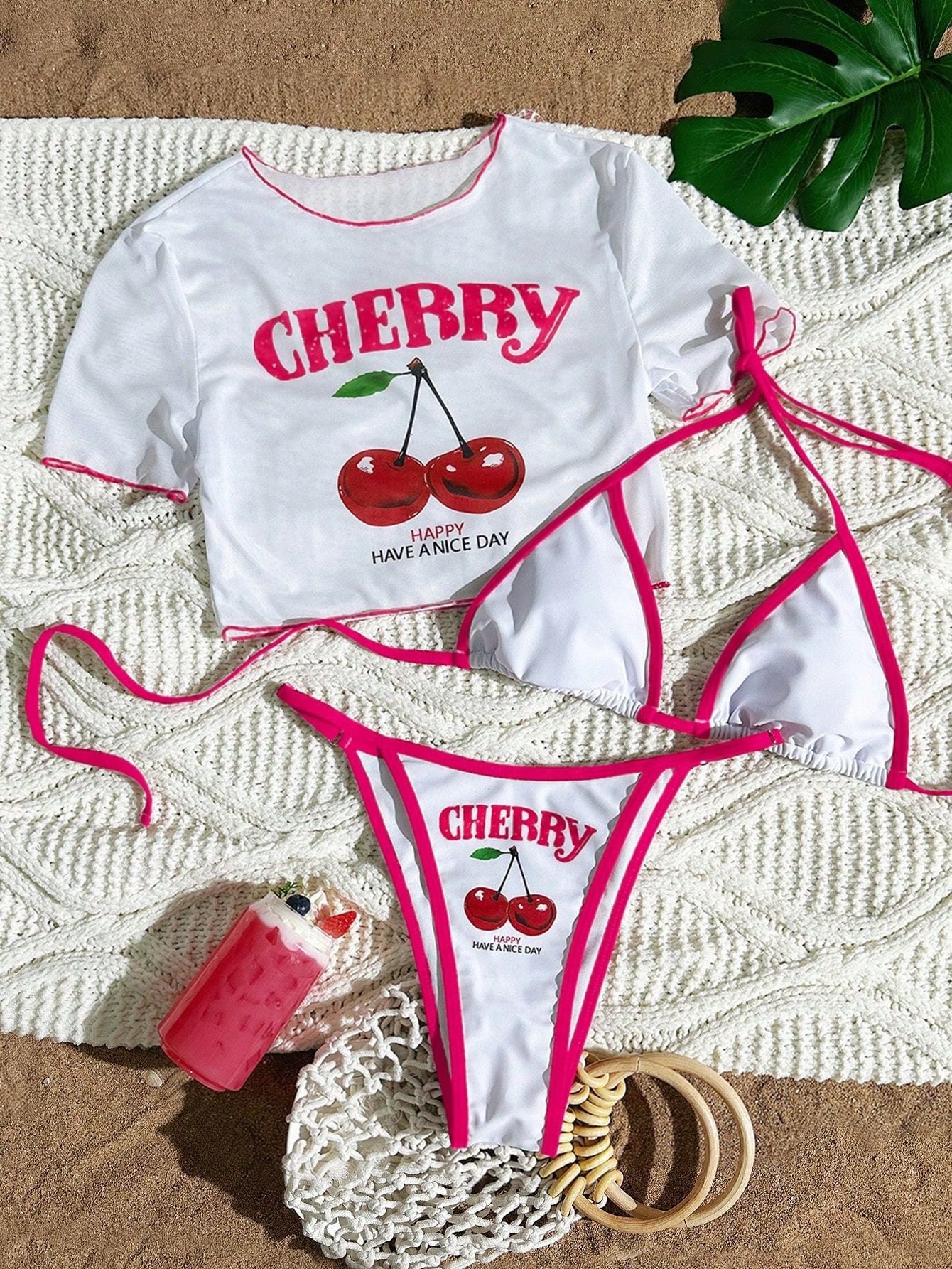 Women’s Three-Piece Bikini Set – Color Block Swimwear with Cover-Up