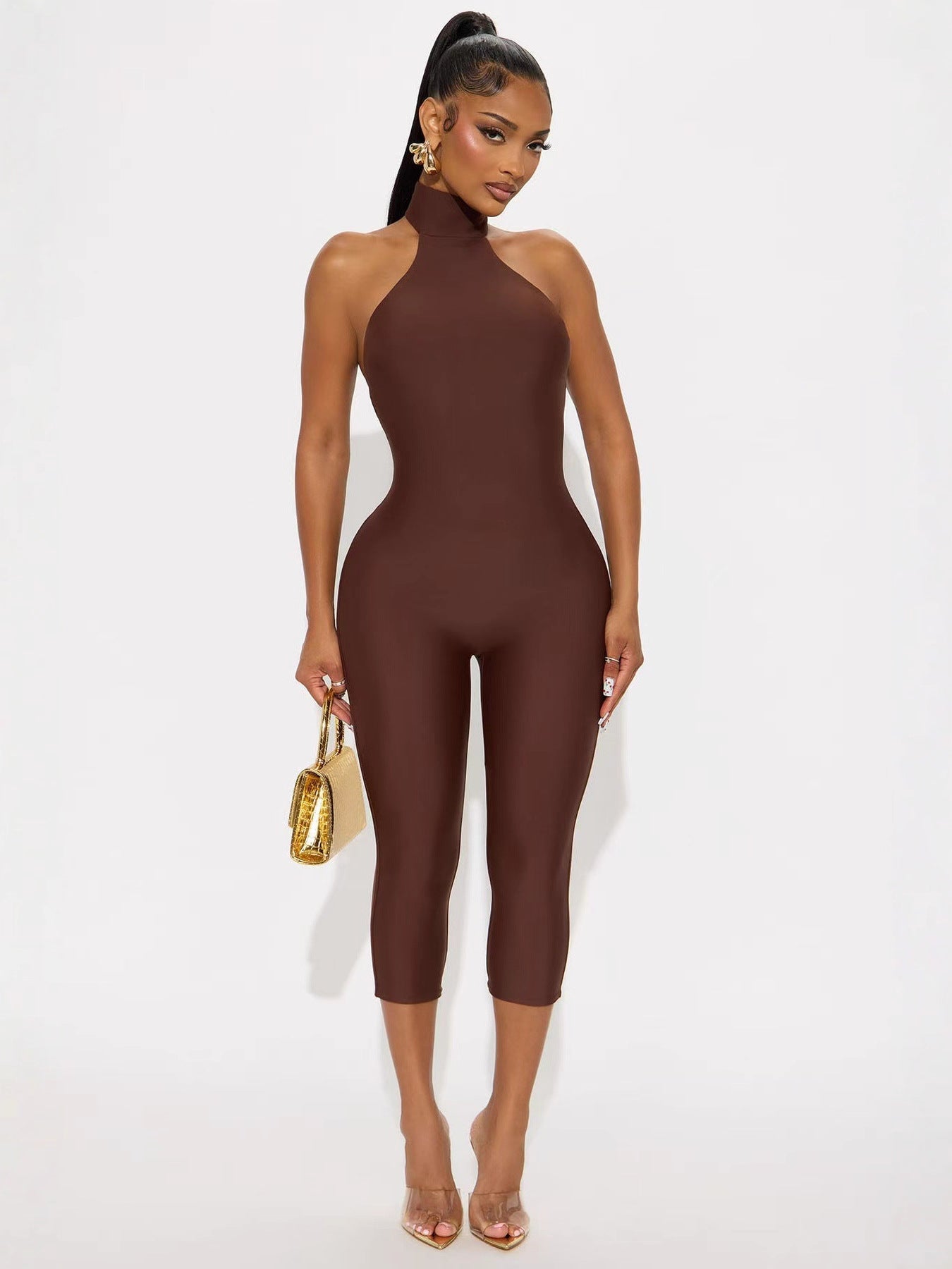 Women’s Halter Neck Jumpsuit – Backless Slim Fit Cropped Outfit