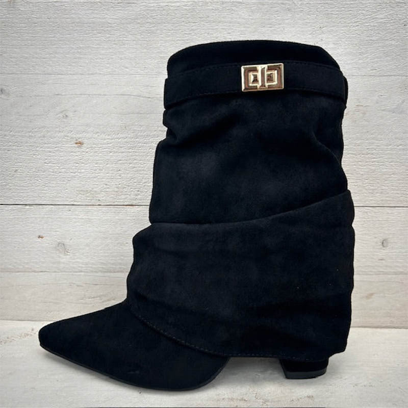 Pointed Toe Knee-High Boots – Thick Heel Pleated Side-Zip Fashion Boots