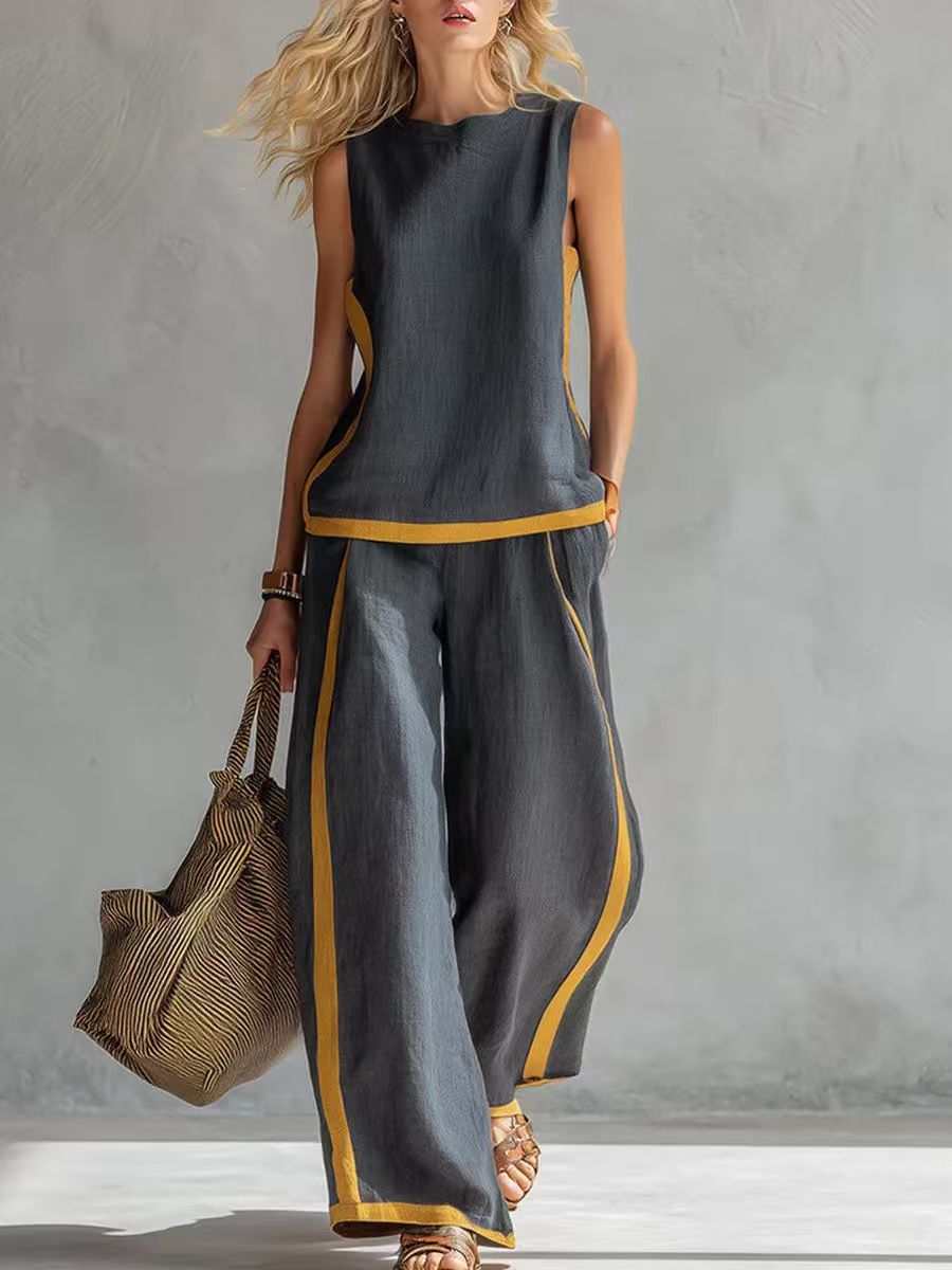 Women’s Sleeveless Two-Piece Set – Color Block Wide-Leg Outfit