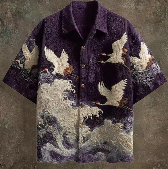 Men's Retro Button-Up Shirt – Relaxed Fit Mid-Sleeve Vintage Shirt