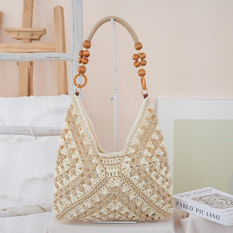 Woven Straw Shoulder Bag – Boho Beach Tote with Large Capacity