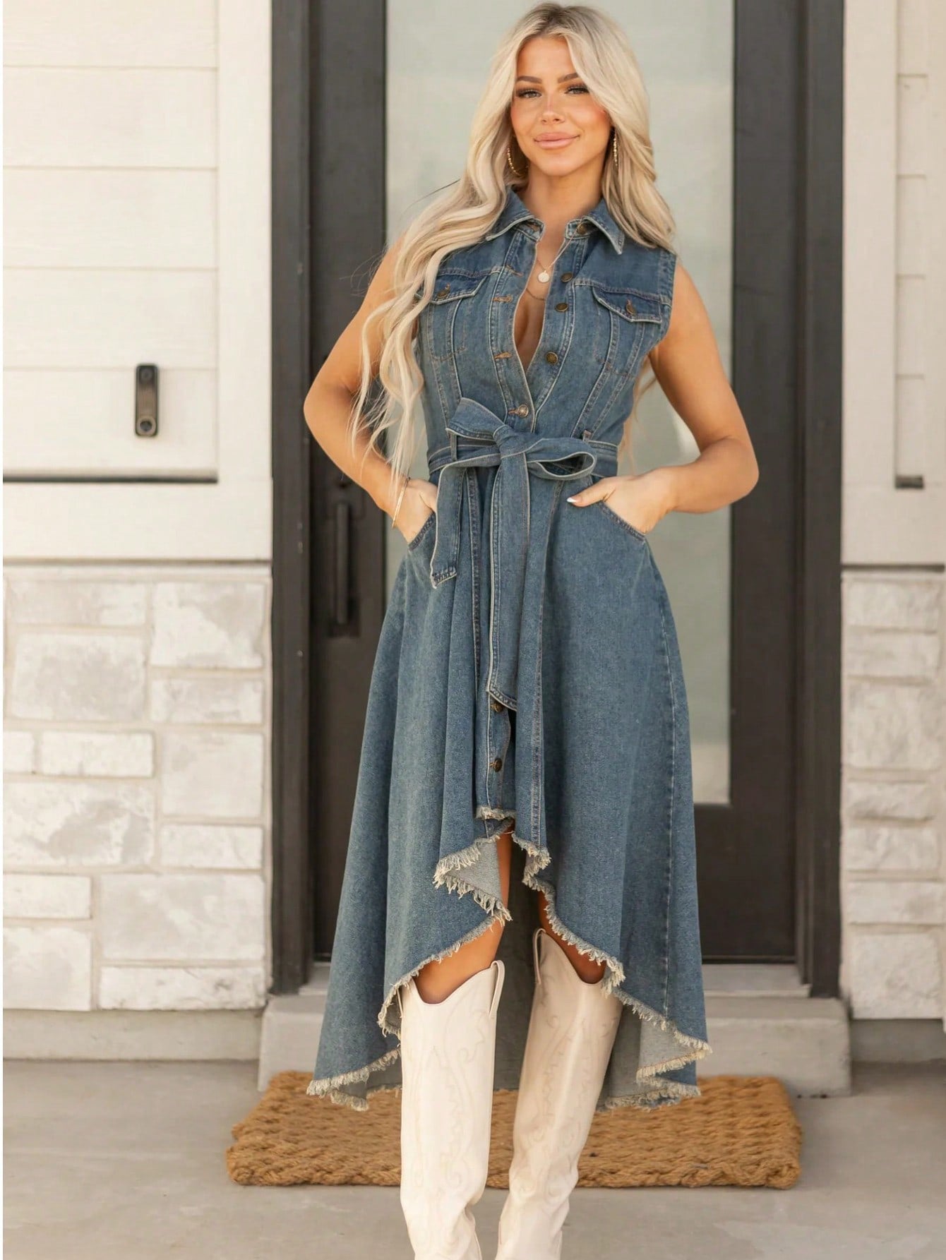 Women’s Denim Midi Dress – Sleeveless Lace-Up Irregular Hem Dress