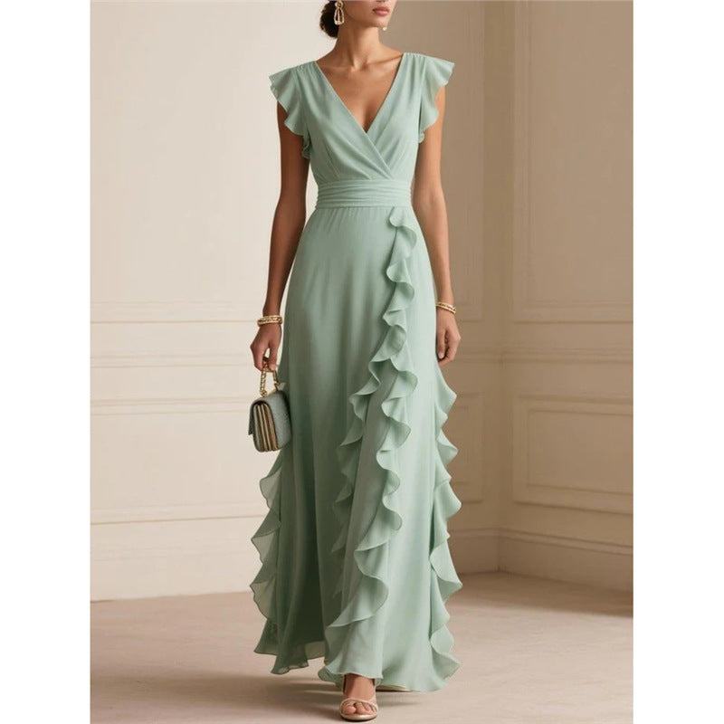 Women’s Sleeveless Maxi Dress – V-Neck High Waist Pleated Dress