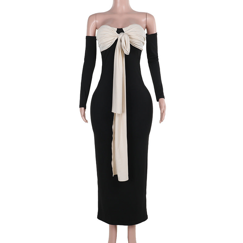 Color Block Off-Shoulder Bodycon Maxi Dress