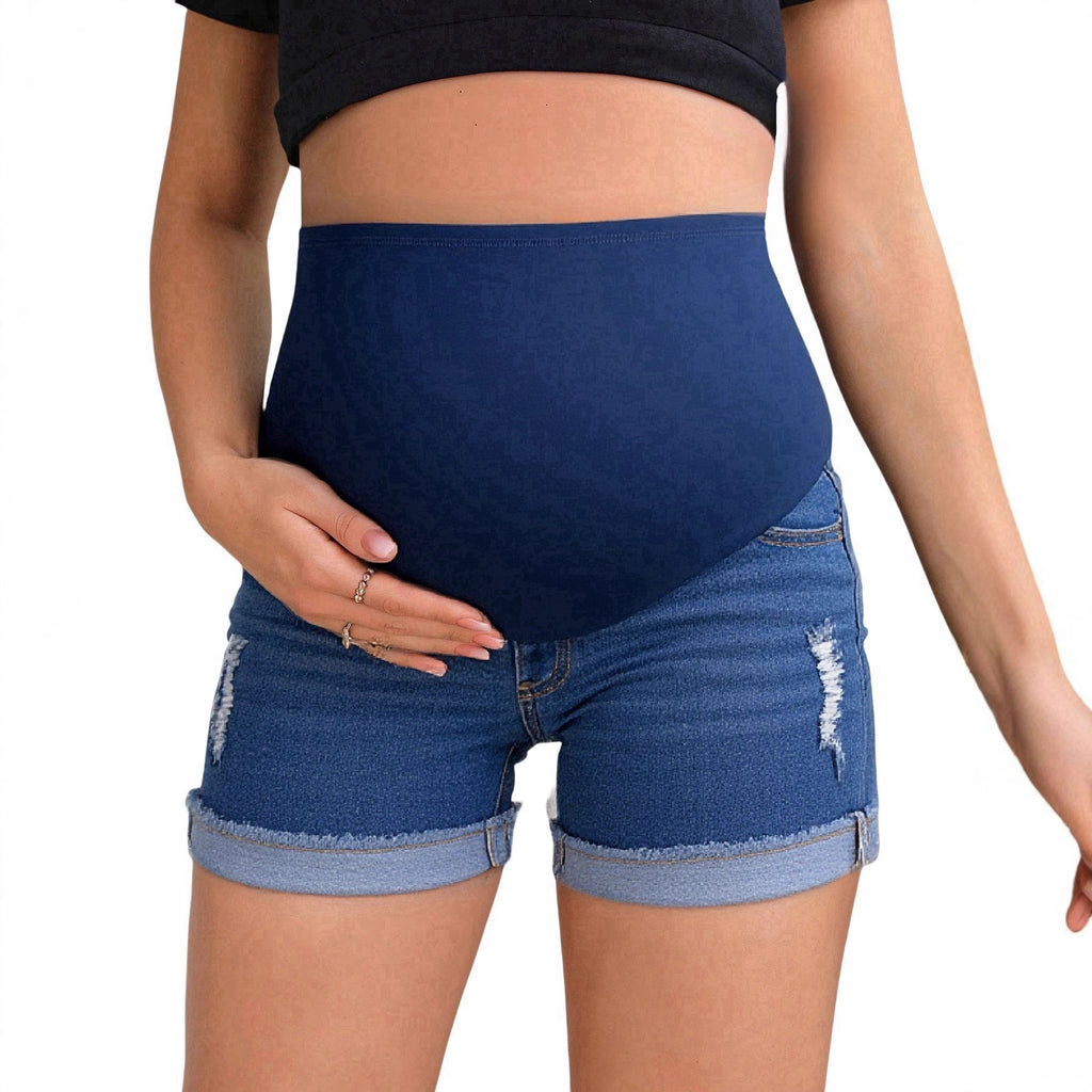 High-Waist Maternity Ripped Denim Shorts – Stretch Pregnancy Summer Shorts with Belly Support