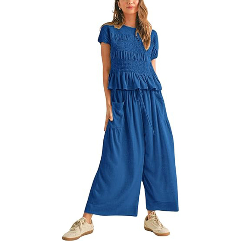 Women’s Two-Piece Lounge Set – Short Sleeve Top & Wide-Leg Pants Outfit