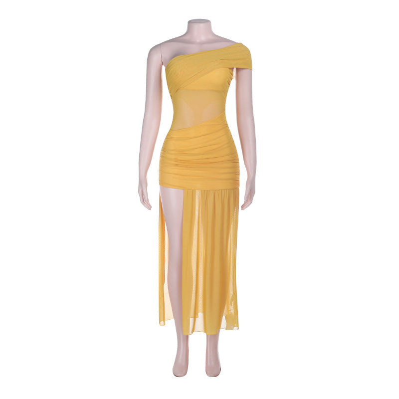 Women’s Asymmetrical Bodycon Dress – Mesh Off-Shoulder Midi Dress with Side Slit