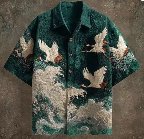Men's Retro Button-Up Shirt – Relaxed Fit Mid-Sleeve Vintage Shirt