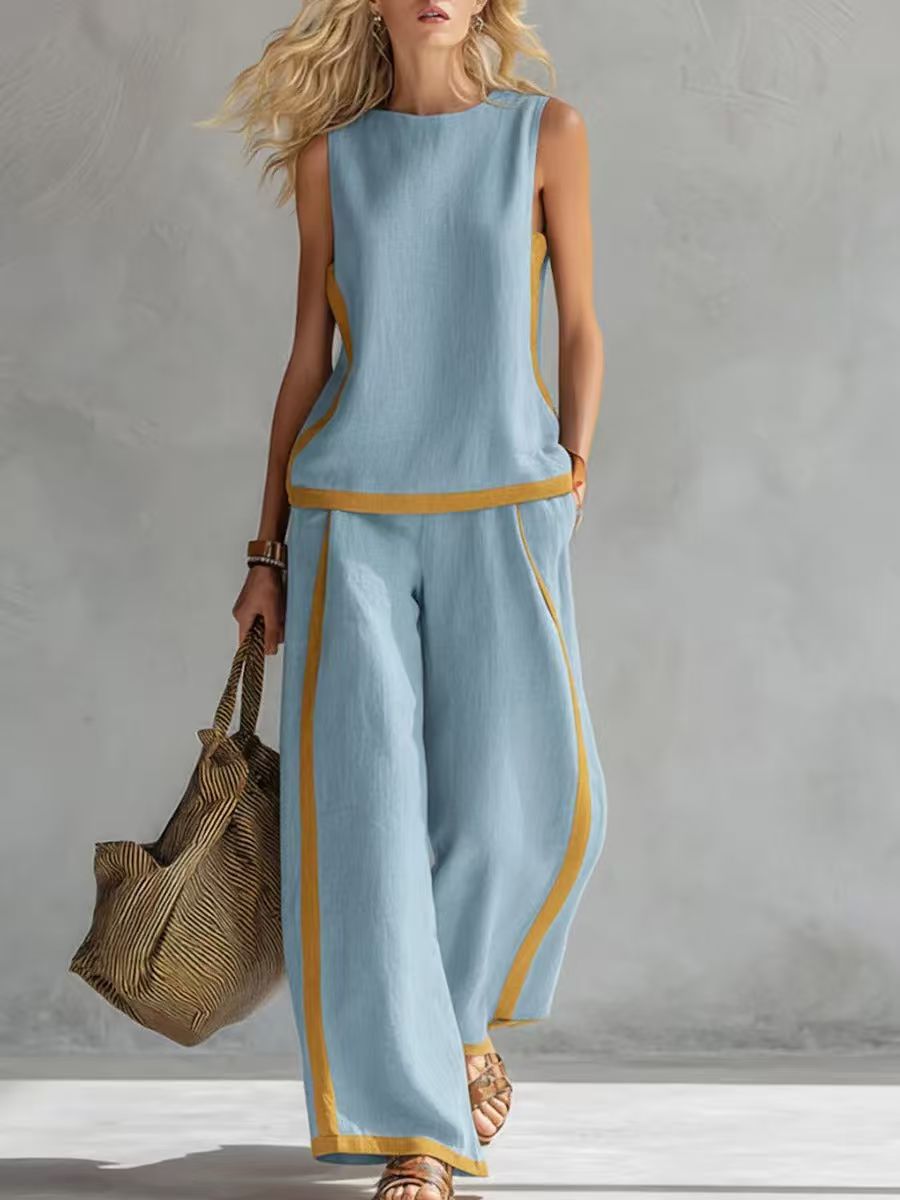 Women’s Sleeveless Two-Piece Set – Color Block Wide-Leg Outfit