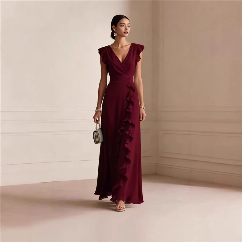 Women’s Sleeveless Maxi Dress – V-Neck High Waist Pleated Dress
