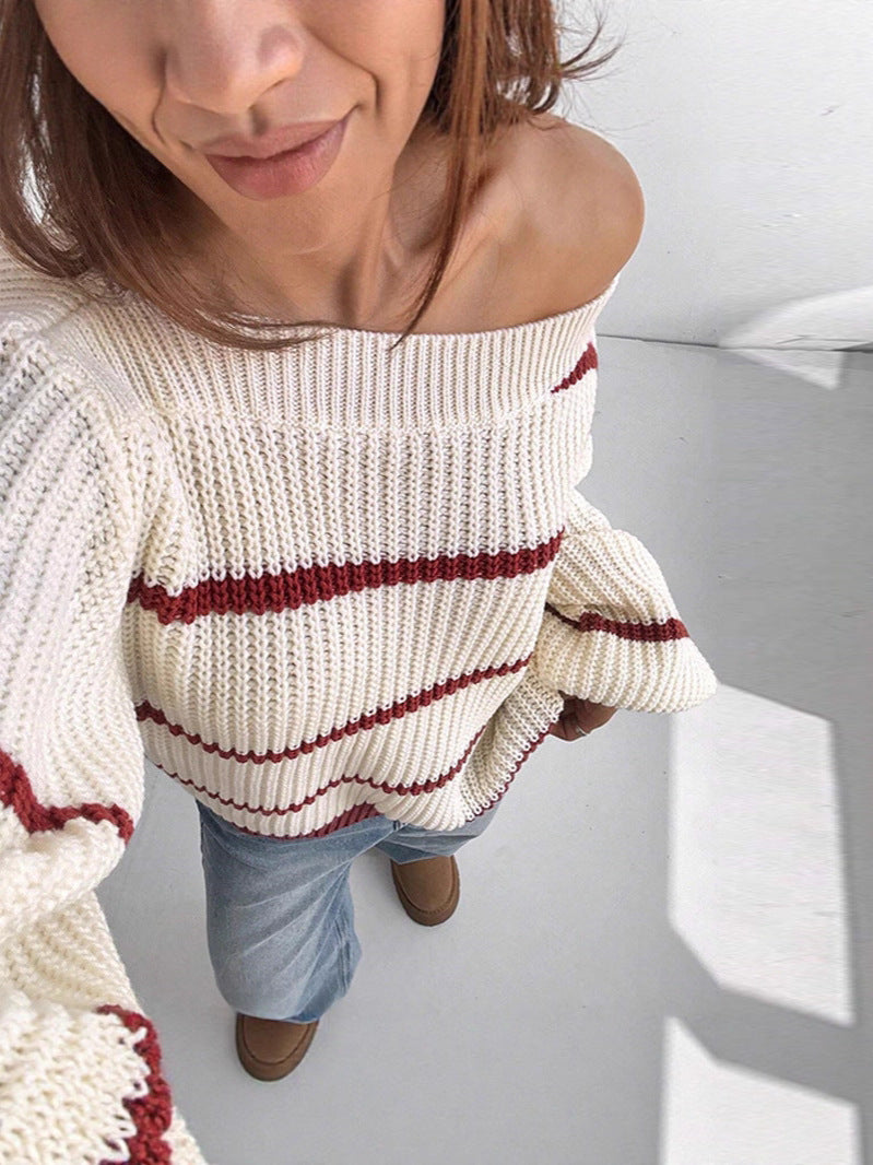 Off-Shoulder Striped Sweater – Lantern Sleeve Loose Knit Pullover