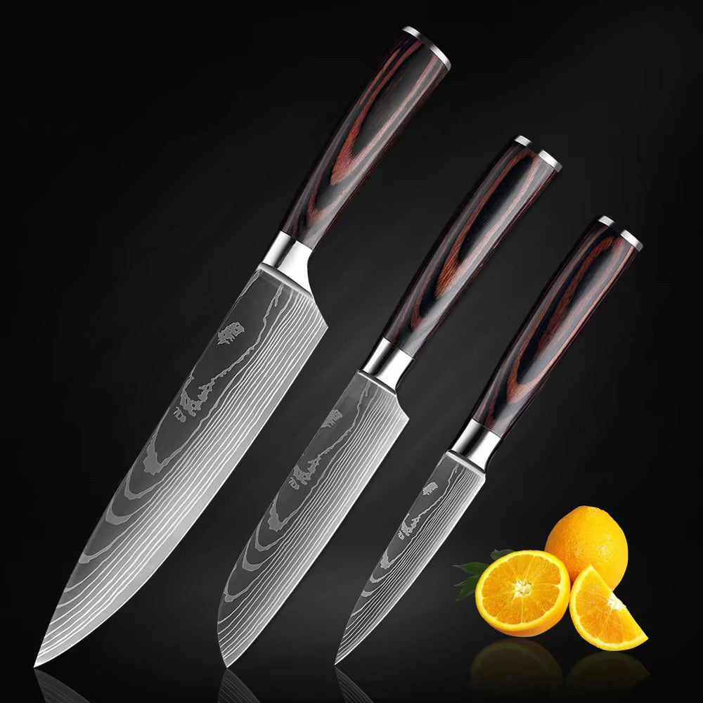 Damascus Pattern Chef Knife – Japanese-Style Santoku Knife with Wooden Handle